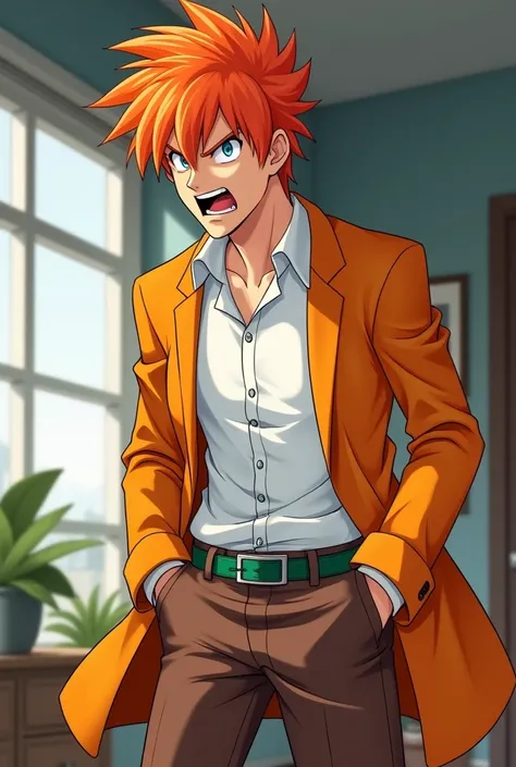 Create an orange-haired character at home with orange a white blouse brown pants on a green belt with a blue eye very angry anime version man in an orange coat