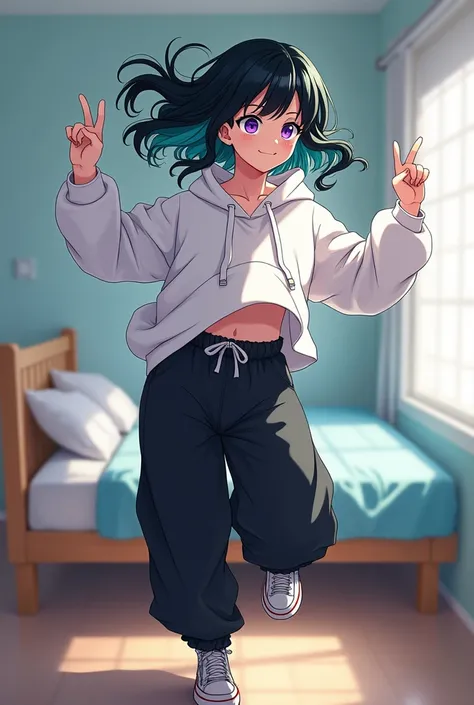 Capture of Boku No Hero Academia black-haired woman with turquoise with white highlights with purple eyes in a white hoodie that reaches her shoulders and big black full body pants in a room dancing on the standing bed 