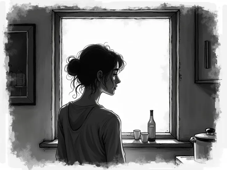 black and white sketch of a sad woman looking out her kitchen window