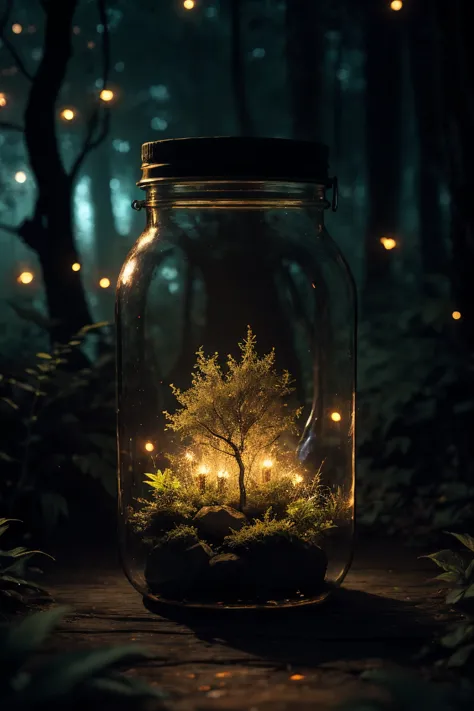 a dimly lit enchanting forest at night, mason jar glowing with ethereal fireflies, mesmerizing otherworldly atmosphere, highly d...