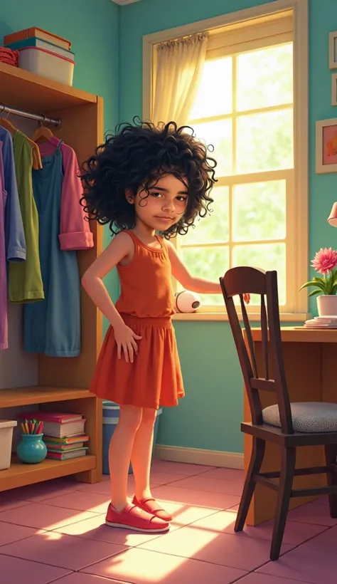 Depict a  girl with black curly hair going through her daily activities. The scene is set in her colorful bedroom in the morning, with sunlight streaming through the window. Shes picking out clothes from an open wardrobe, her expression focused and thought...