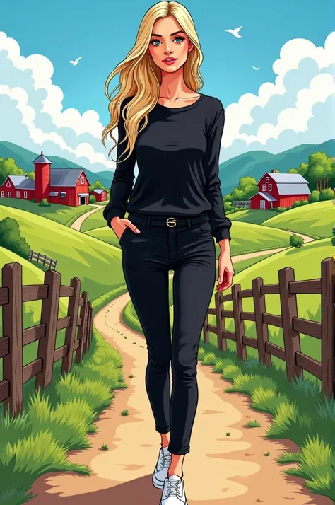 Comic style. blonde woman with long hair.black sweater.black pants.white shoes.farm.