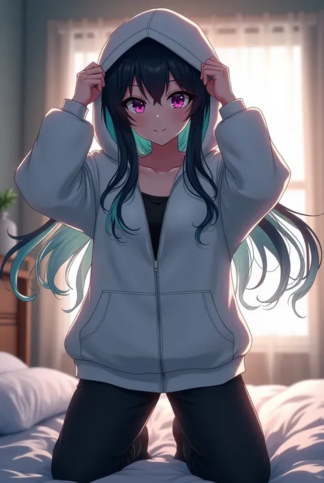 Capture of Boku No Hero Academia woman with black hair with turquoise with white highlights with purple eyes in a white hoodie that reaches her shoulders and big black pants full body in a room dancing in bed standing the hoodie got up and looked at her bl...