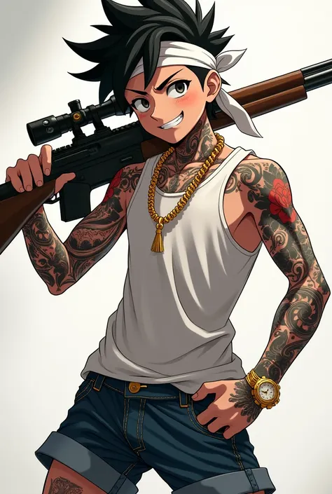 A white boy tattooed on his arm leg and neck wearing a white bandana with a rifle in his hand and a white tank top , Marrento with a mockery face in denim shorts with short black hair and gold cord and gold watch 
In anime format
