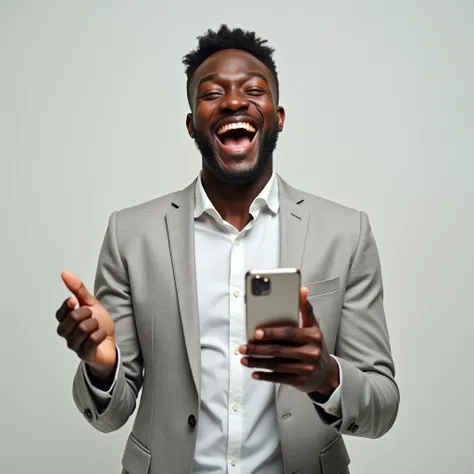 A young, excited nigerian man holding a smartphone, with a successful transaction notification popping up on the screen.