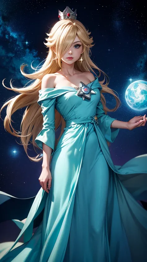 (masterpiece), best quality, expressive eyes, perfect face, highres, 1 girl, solo, rosalina, blonde hair, blue eyes, hair over one eye, long hair, blue dress, crown, dress, earrings, jewelry, princess, robe, bare shoulders, star earrings, space, starry bac...