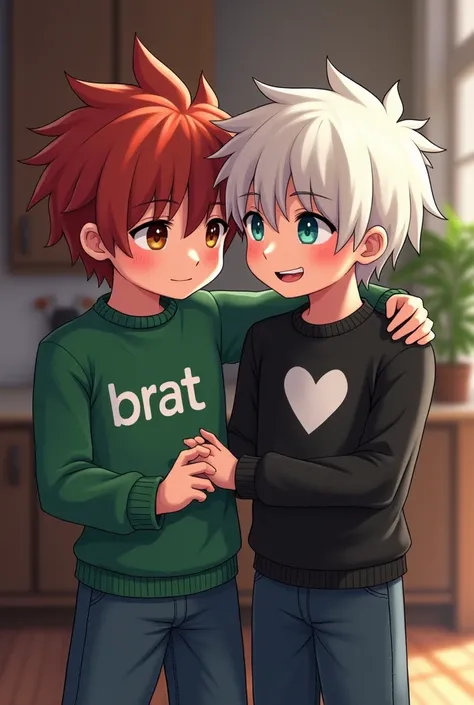 Draw 2 boys ,  Nikita and Artem in Minecraft cuddling in the house.  Artem should have white hair with straight bangs all over his forehead,  a green sweater that says brat .  Nikita should have the same hairstyle but red hair , and a black sweater with a ...