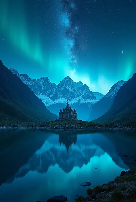 photographic and realistic image of a lagoon between mountains, at night, turquoise and intense blue tones, and the southern cross above, Sony Alpha 7 IV 33MP, Sony FE 14mm f/1.8 GM , Keep ISO low to reduce noise, 3000 x 3000 píxeles, Temple of King Solomo...