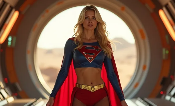 "Create an image of a 30-year-old blonde woman wearing a Supergirl costume, inside a spaceship. She is crying, demonstrating deep distress. Her costume includes a tattered crop top that reveals her toned, muscular abs and a monster of her silicone breast. ...