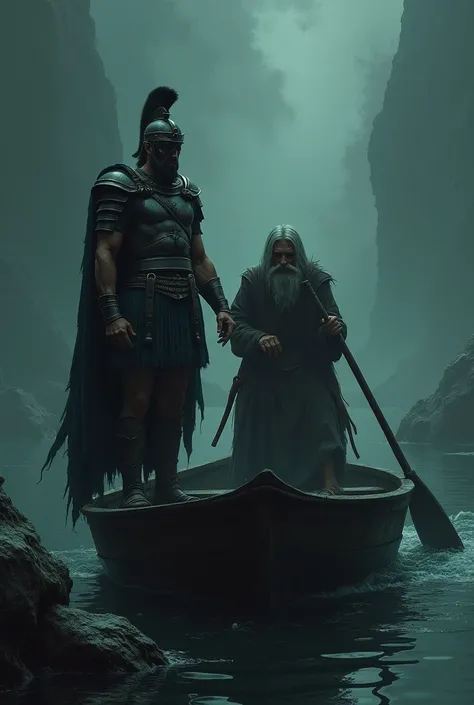  Unarmed Greek soldier accompanying an old man boatman, with a gloomy appearance, on a boat sailing over a river full of lost souls  