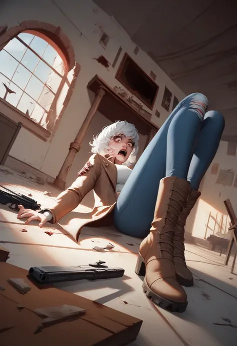 (suspense scene ((CONCEPT ART)), extremely detailed with a girl wearing jeans with brown coat and boots), (better lighting, better shadow, an extremely delicate and scary), (digital illustration), ((4k painting)), [(dynamic angle,((1girl)),white hair, (bea...