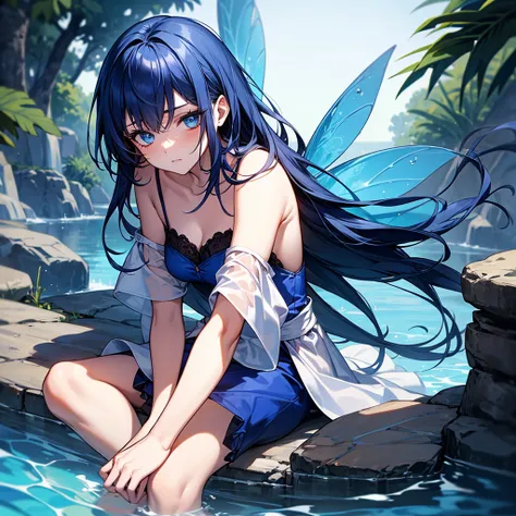 Fairy, woman, very beautiful, very cute, blue hair, blue eyes, blue clothes, bored, boredom, drowsy, water, alone, 4k, High resolution, best quality