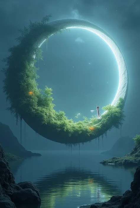 Surreal Sanctuary of the Moon
An enormous, crescent-shaped structure floats above a tranquil lake, glowing with soft moonlight. Inside the crescent, a hidden sanctuary exists—a lush garden illuminated by floating, bioluminescent plants and tiny glowing cre...