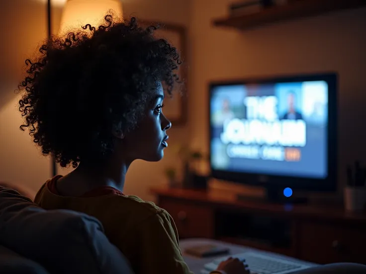  with curly hair watching television with admiration on a journalism channel