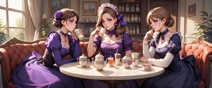  Brown Haired Woman ,  violet eyes , Purple dress,  Victorian dress , Copyright Fees, noble, Drinking tea with women