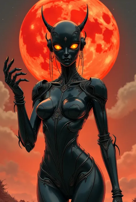 An art nouveau style watercolor image of a very slender black machine with a female shape and golden eyes. Gesturing at the viewer. Moebius style. Druillet style. Enki Bilal. Mesmerizing look. Ornamental red moon background. 