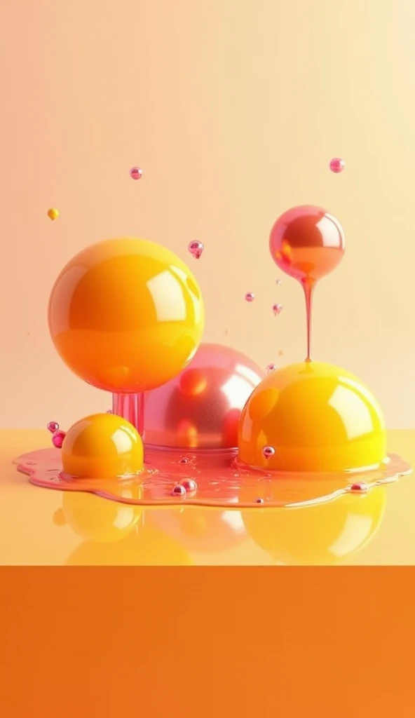 " An abstract design with shiny spheres of vibrant colors ,  like yellow , orange and metallic ,  floating and partially covered by a translucent and viscous liquid of shades of pink and orange.  The scene is illuminated with realistic reflections and soft...