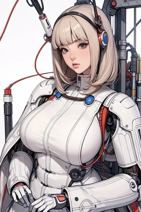 masterpiece, best quality, extremely detailed,portrait,upper body,front view,Japaese android girl,Plump, control panels,android,Droid,Mechanical Hand, Robot arms and legs,Blunt bangs,long tube,thick cable connected her neck,