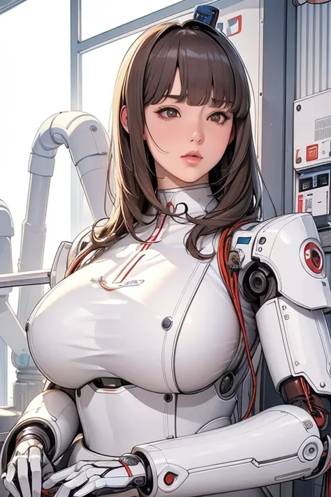 masterpiece, best quality, extremely detailed,portrait,upper body,front view,Japaese android girl,Plump, control panels,android,Droid,Mechanical Hand, Robot arms and legs,Blunt bangs,long tube,thick cable connected her neck,