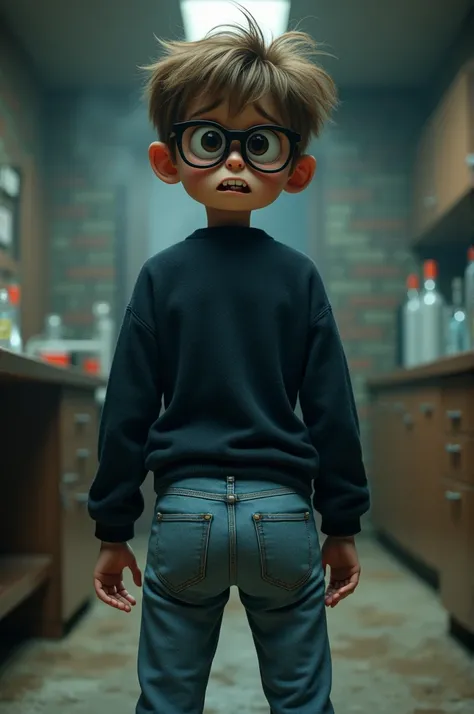 A young teen nerd boy in tight light blue jeans pants from behind, Black nerdy glasses, Dark blue sweater, Sexy pose, Bent
forward, In pain, Biting bottom lip, Looks worried, Teen, Young, Round face, Round chin, Big round eyes, Light brown hair, Messy hair...