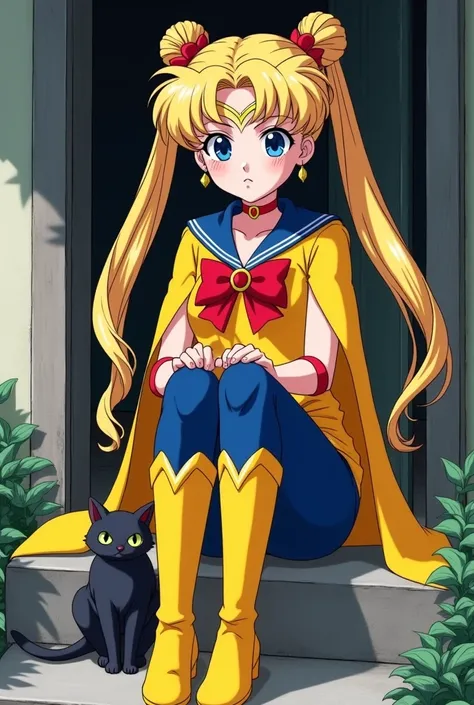 Serena ( sailor moon)  a beautiful womans hair Very ankle-length blonde tied in two pigtails in the shape of odangos , clear blue eyes like the sky with fringes split in half falling on their eyes, with a beautiful curvilinear body ,  red lips, mischievous...