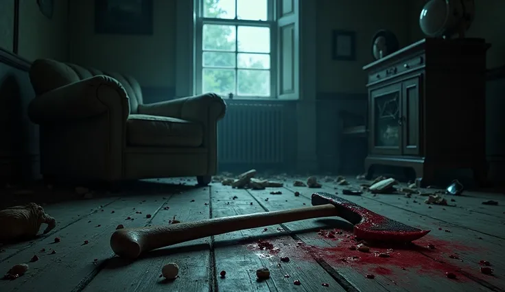  A bloody axe resting on the floor of a dark, old house, surrounded by eerie shadows. There are overturned chairs, broken glass, and a window cracked open slightly