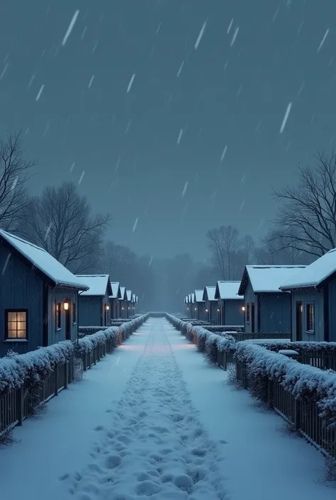 winter, It&#39;s snowing, grey prefabricated houses around, Night 