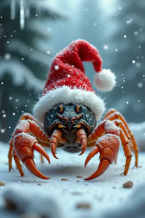 A scorpion wearing a Christmas hat 