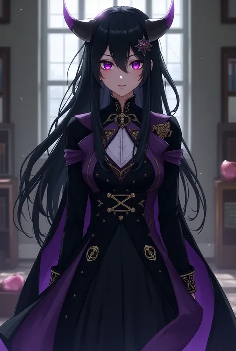 Wore a summoner costume１ female students、Long black hair、Purple Eyes