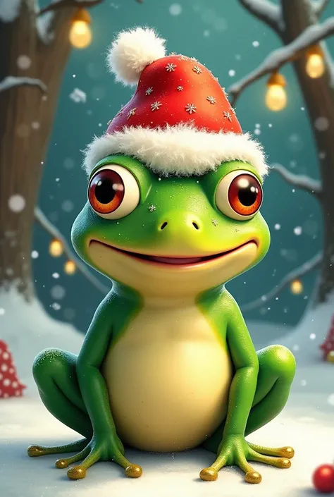 An animated frog wearing a Christmas hat 