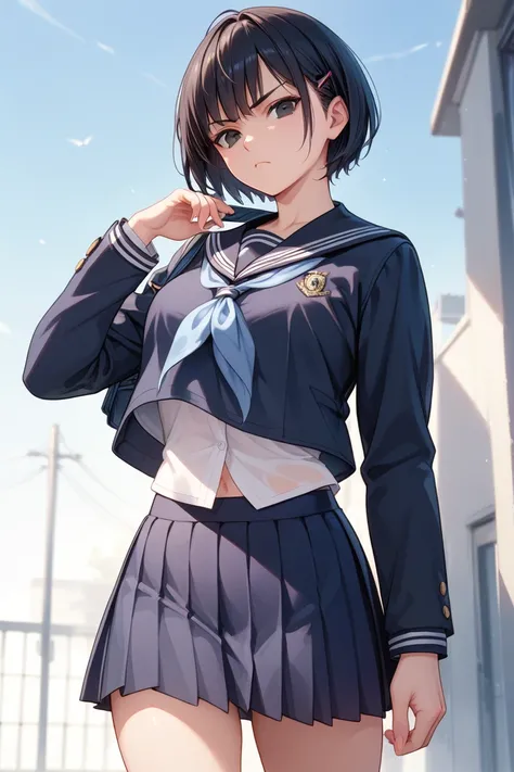 black short hair, black eyes, school uniform, serious