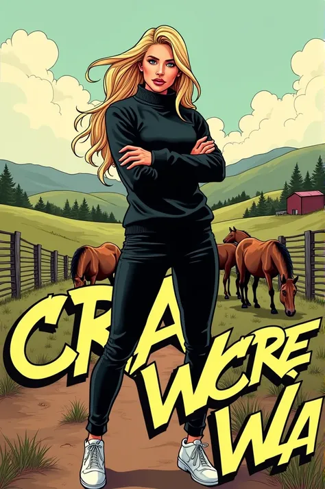 Comic style.CrawCrew lettering black. blonde woman with long hair.black sweater.black pants.white shoes.farm.horses. arms crossed 