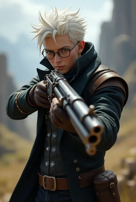 Percy de Rolo Fantasy gunslinger  with White hair and glasses young man Realistic.  Vox Machina. 