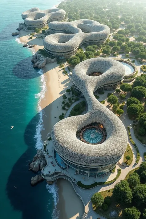 Architectural site design and buildings with fish net as its concept. In aerial view, in seaside