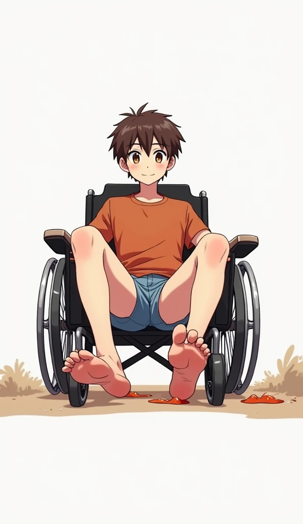 Young man in wheelchair smiling showing sweaty anime feet