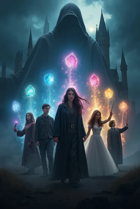 Movie Poster Description (Updated)

Background: The mystical, dark landscape of Hogwarts is prominently visible. Behind Hogwarts, a large shadowy silhouette looms, and above it, five elemental stones (water, fire, air, earth, and spirit) are aligned in a v...