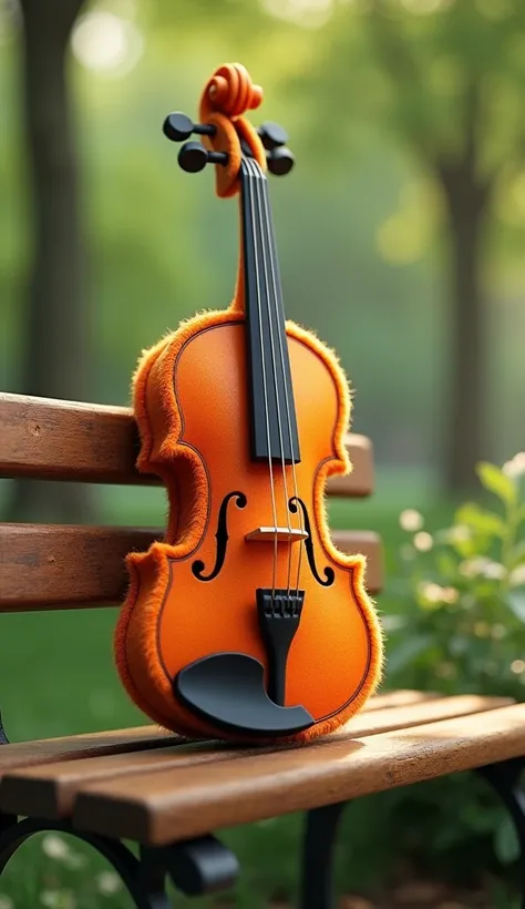 A fuzzy violin on a park bench. 