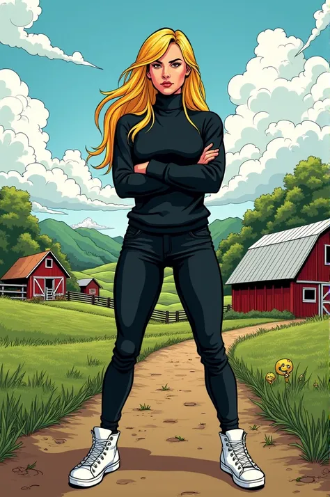 Comic style.CrawCrew lettering black.  Blonde woman with long hair lettering.black sweater.black pants.white shoes.farm. arms crossed 