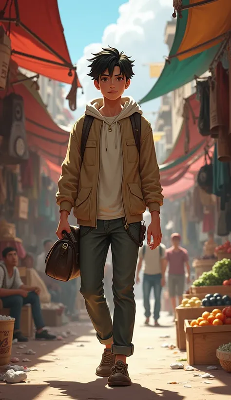 Young Romano Rubio walking around the market wearing a hoodie and commoners attire