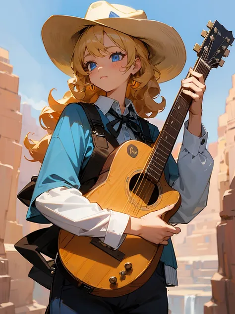 one girl, western outfit, blonde curly hair, blue eyes, holding a guitar, cowboy hat, canyon background, daytime, anime