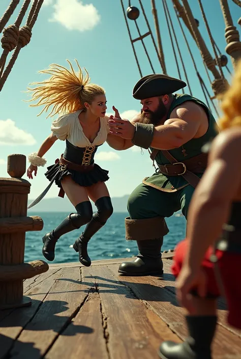 sur un bateau de pirates. une femmes aux fines dreadlocks blondes yeux bleus bottés noires habillée en pirates .des gaulois et un homme semble ressembler à obélix. Obelix et Astérix sont sur le bateau
la femme semble paniquée. Obelix touche le menton de la...