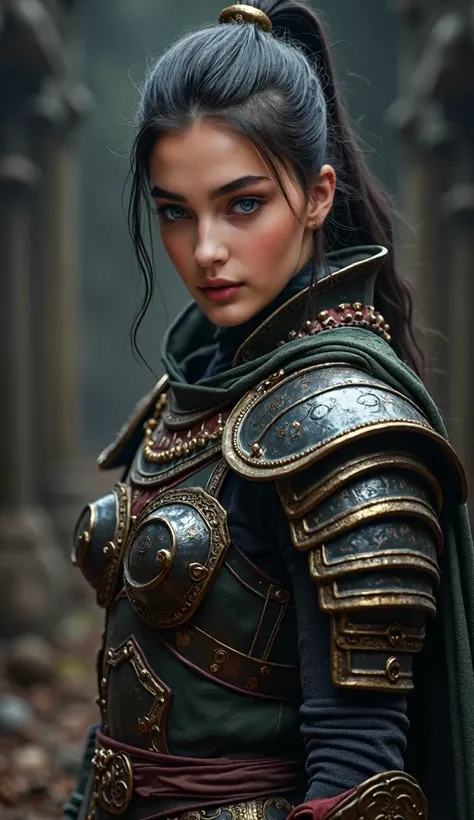 A dynamic cosplay character in a detailed warrior outfit, sharp facial features, dramatic lighting emphasizing the intricate armor, and intense expression as she strikes a powerful pose.