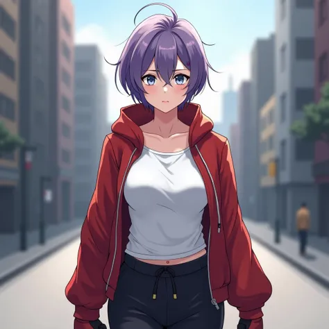 Create an image for the character from my RPG,  she is a female boxer with an excellent physique ,  she has short violet-colored hair , her eyes are light blue ,  the face on her face is one of seriousness and focus ,  she wears a standard white shirt with...