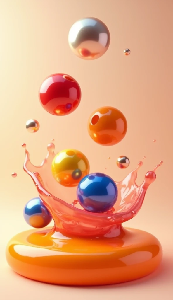 " An abstract design with shiny spheres of vibrant colors , like red, blue yellow, orange and metallic ,  floating and partially covered by a translucent and viscous liquid of shades of pink and orange.  The scene is illuminated with realistic reflections ...