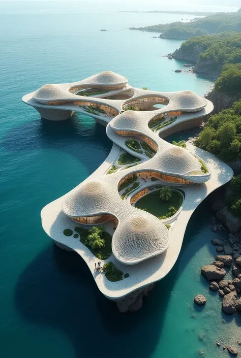 Architectural site design and buildings with fish net as its concept. In aerial view, in seaside. Building form is inspired by a fish net and the connection between 3 buildings is like those in fish nets