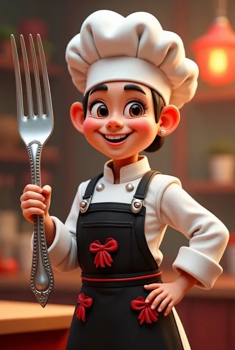  Animated chef in white uniform and black avital with red details, holding a large fork and smiling  