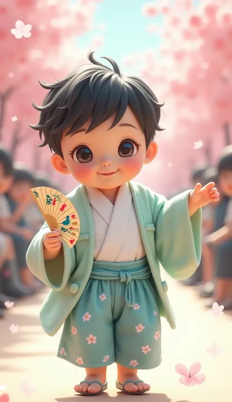 Imagine a lively baby fashion show set against a backdrop of pastel cherry blossoms gently falling, creating a scene of springtime magic. Center stage is a charming Japanese baby boy, his sparkling eyes wide with wonder and joy. Soft black hair falls in ge...