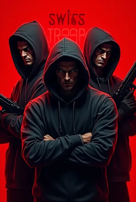  Make a Gamer logo of 3 gangsters with sweatshirts  ,  eyes and red backgrounds with the name Swiss Troop in the background of the image , And that the gangsters are holding weapons 