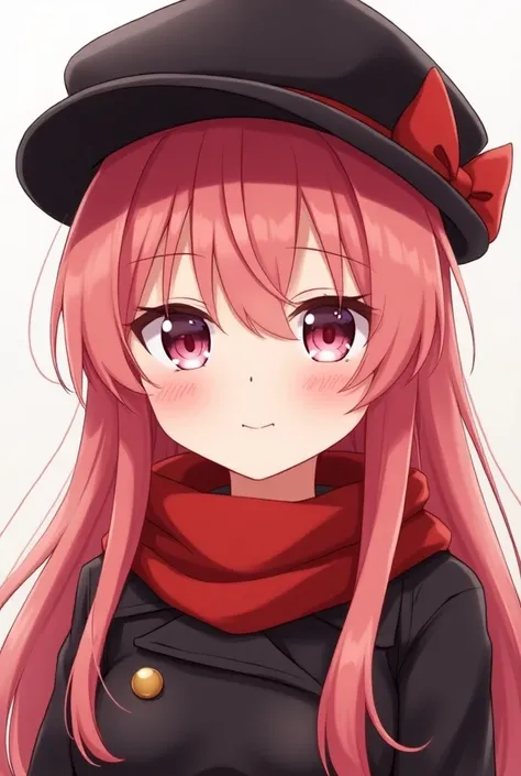 fille danime aux longs cheveux roses portant un chapeau noir et une cravate rouge, un dessin animé de Puru, tendance sur pixiv, Mingei, visage danime mignon, visuel anime dune fille mignonne, visage de fille anime extrêmement mignon, elle a un visage expre...