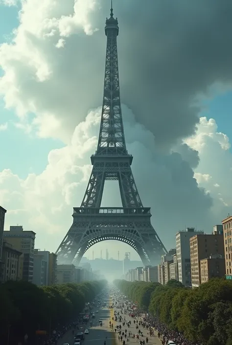 Eiffel Tower crashing into the clouds,  built over the city of São Paulo